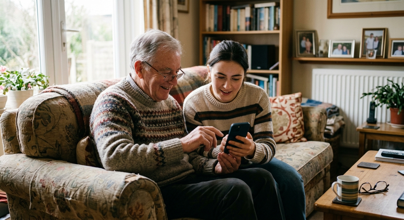 An older man and a younger woman setting up a phone together on a sofa in a UK home