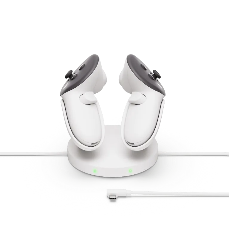 Meta Quest 3S resting on the optional compact charging dock