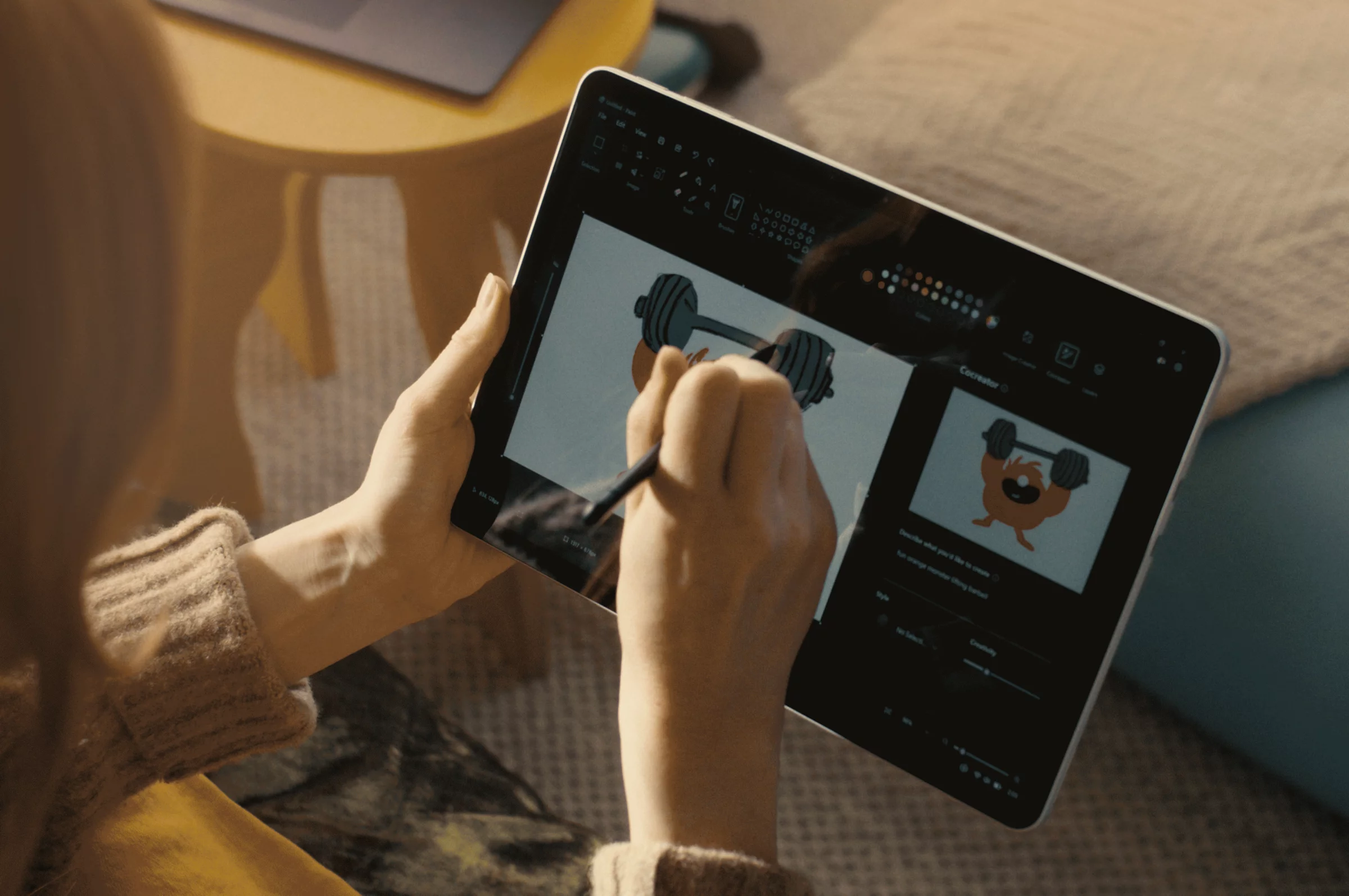 Hands drawing on a Microsoft Surface Pro touchscreen with the Surface Slim Pen
