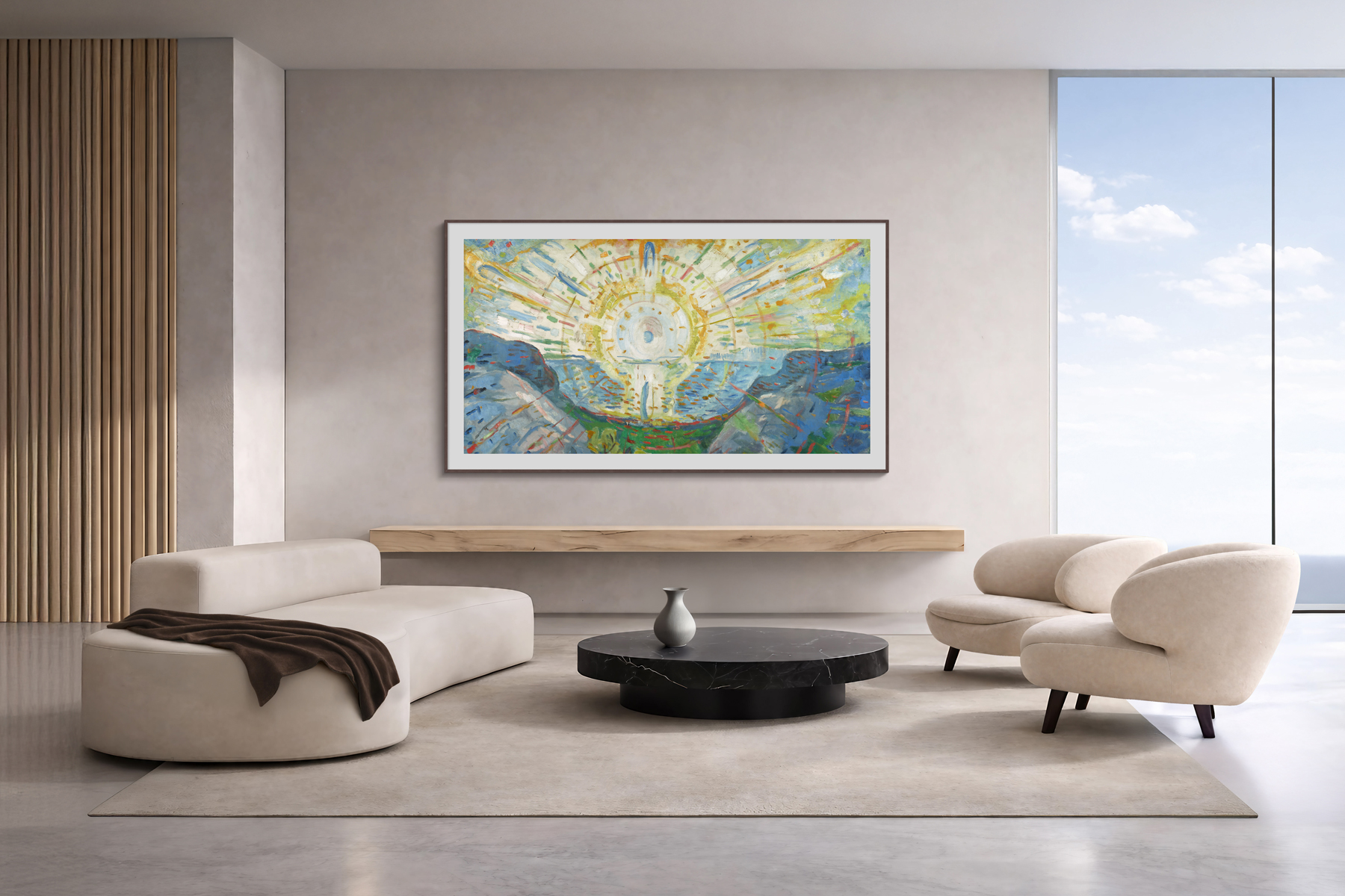 Edvard Munch's painting The Sun from the Samsung Art Store collection shown in Art Mode on a Frame TV hung above a wooden sideboard