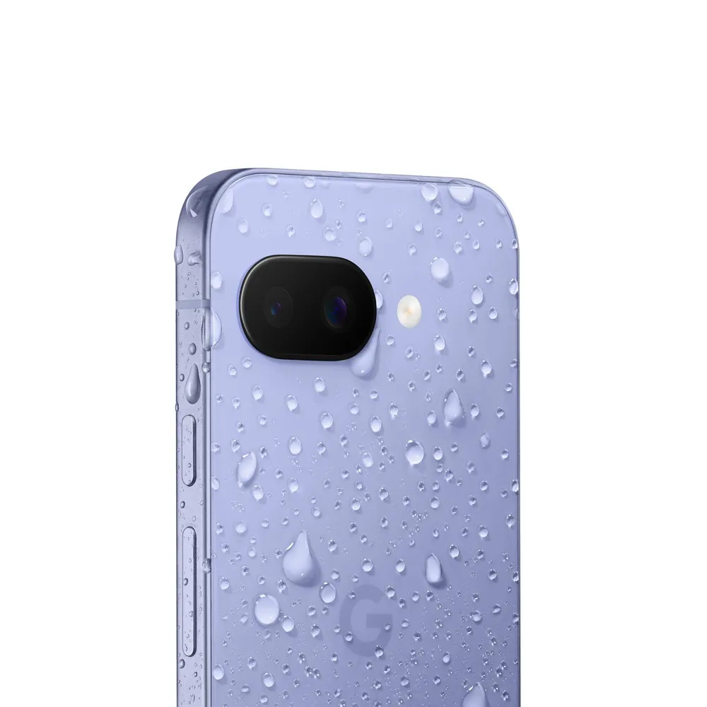 Iris Google Pixel 9a covered in water droplets demonstrating IP68 resistance
