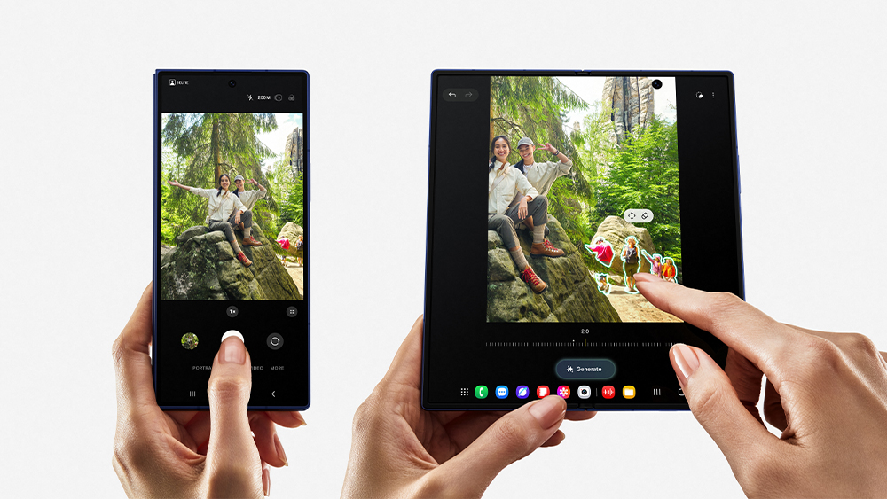 Two hands holding a Galaxy Z Fold 7, one on the cover screen camera view and one editing the same photo on the unfolded main display