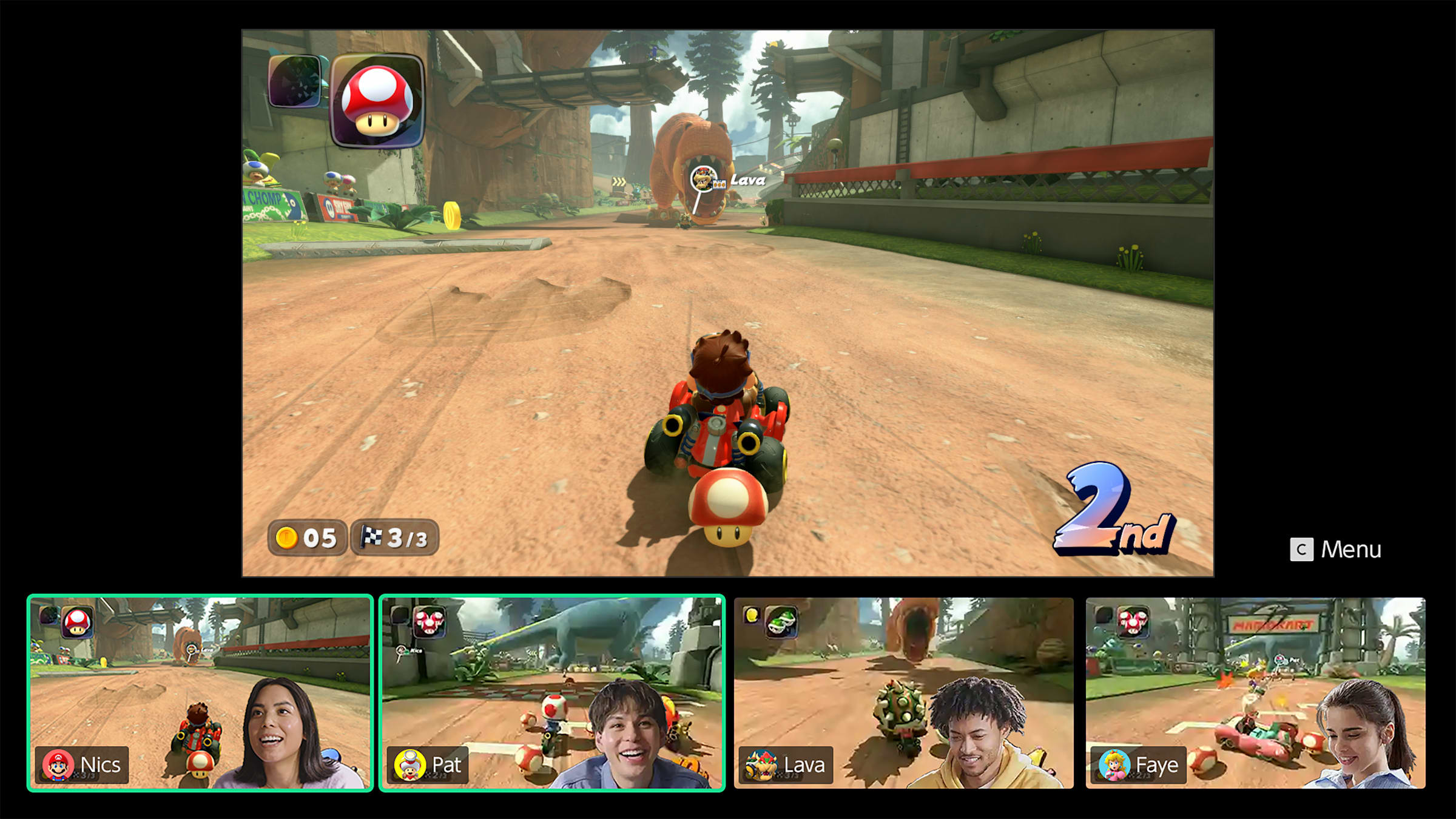 GameChat on Nintendo Switch 2 showing a Mario Kart World race with four friends' video feeds along the bottom of the screen