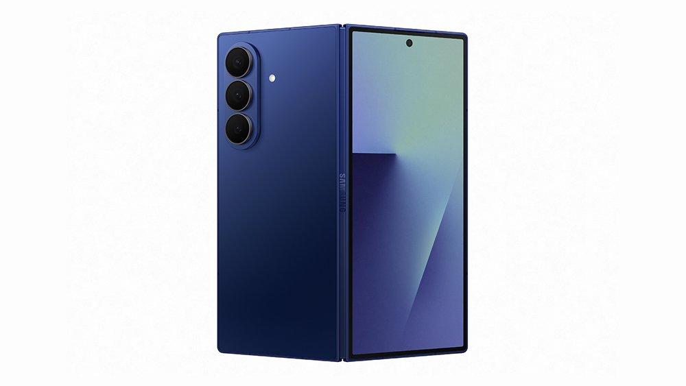 Galaxy Z Fold 7 in Blue Shadow shown folded from the rear three-quarter angle next to its cover display