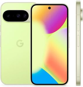 Pixel 10 vs iPhone 17 comparison: the Google Pixel 10 shown front, back and side in Lemongrass