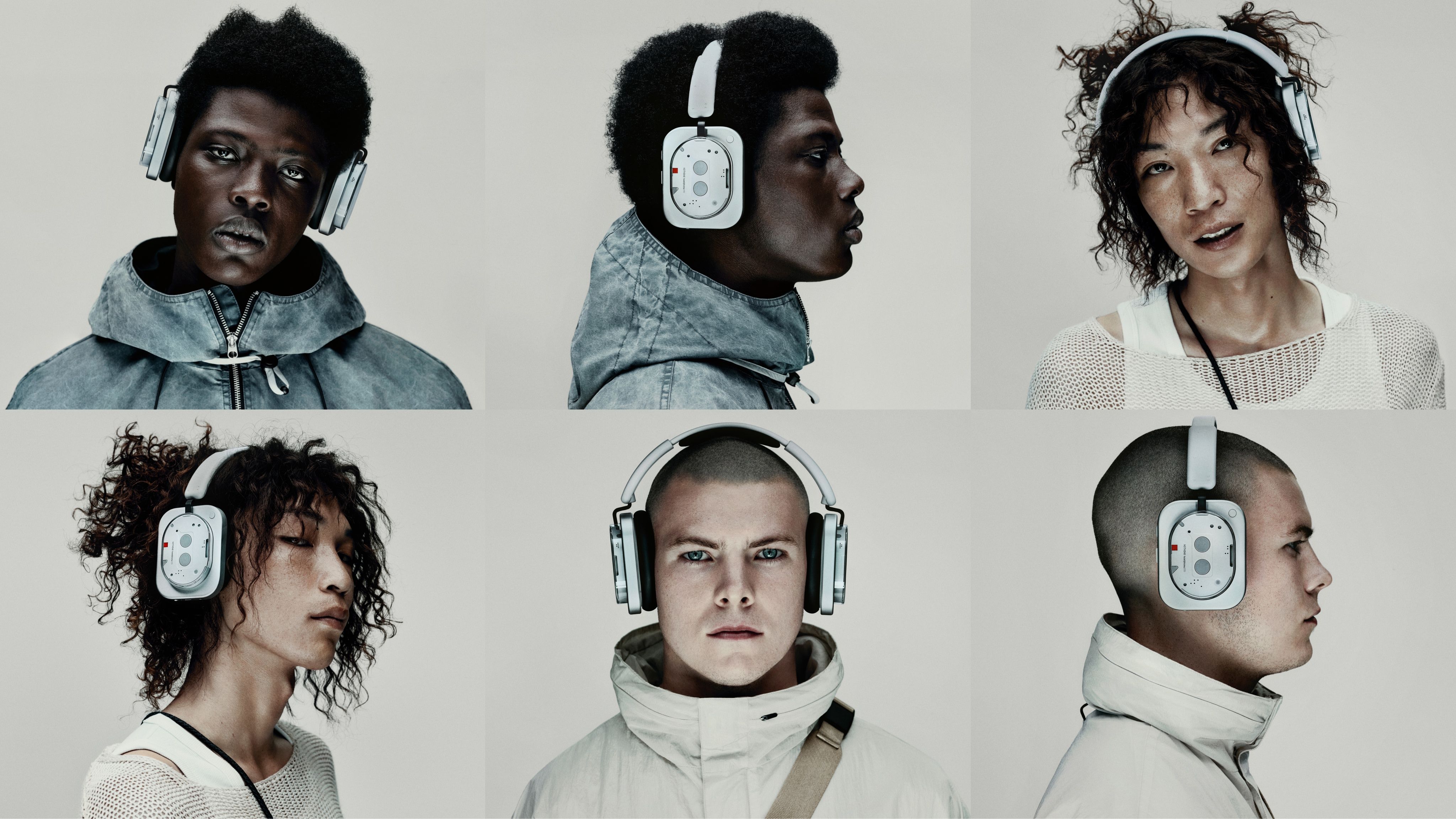 Grid of portraits showing the white Nothing Headphone (1) on different head shapes and hairstyles