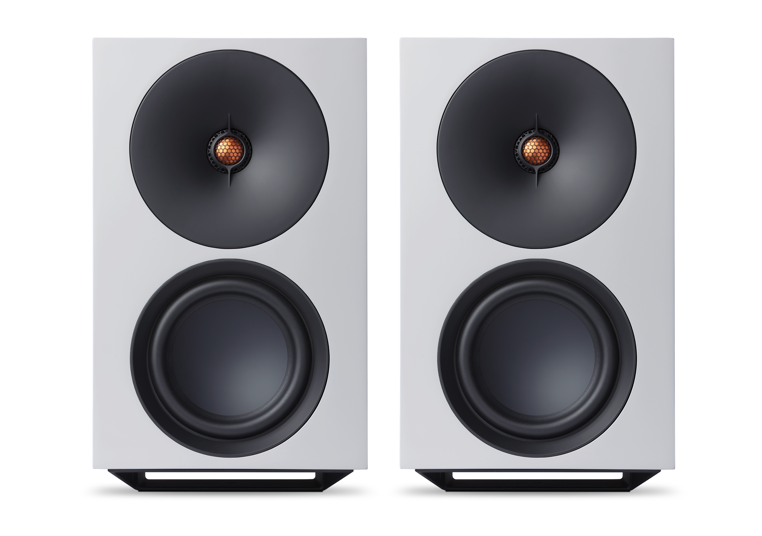 Cambridge Audio L/R X active speakers in white finish seen from the front