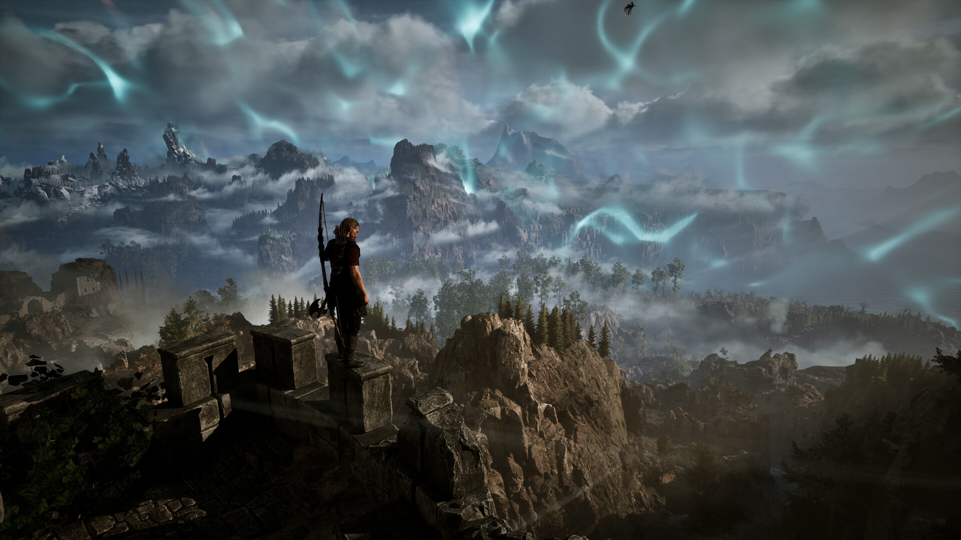 Gothic 1 Remake character overlooking a misty mountain valley under a magic-streaked sky