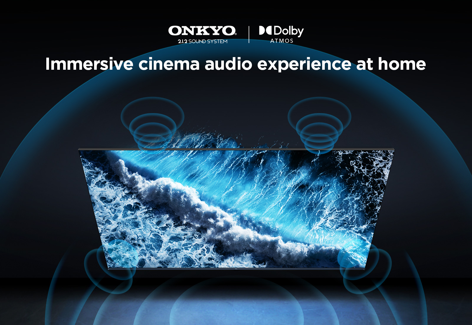 Diagram of the TCL Onkyo 2.1.2 speaker system projecting Dolby Atmos height channels above and around a living-room sofa