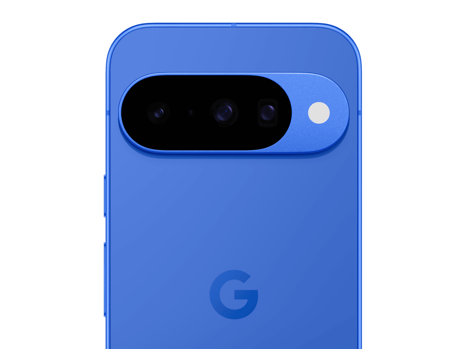 Close-up render of the current blue Pixel 10 Pro camera bar with its triple lens array and sensor window