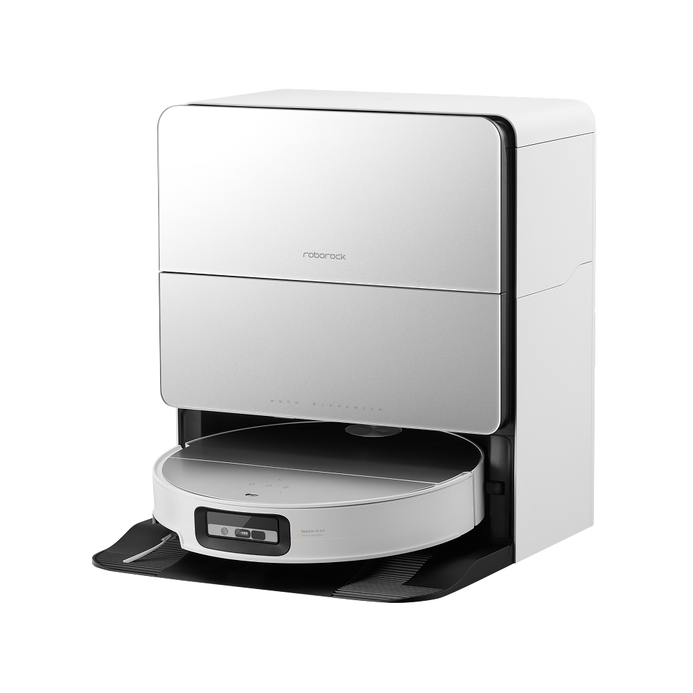 Roborock Saros 10 in the white colourway sitting in its matching white auto-empty dock