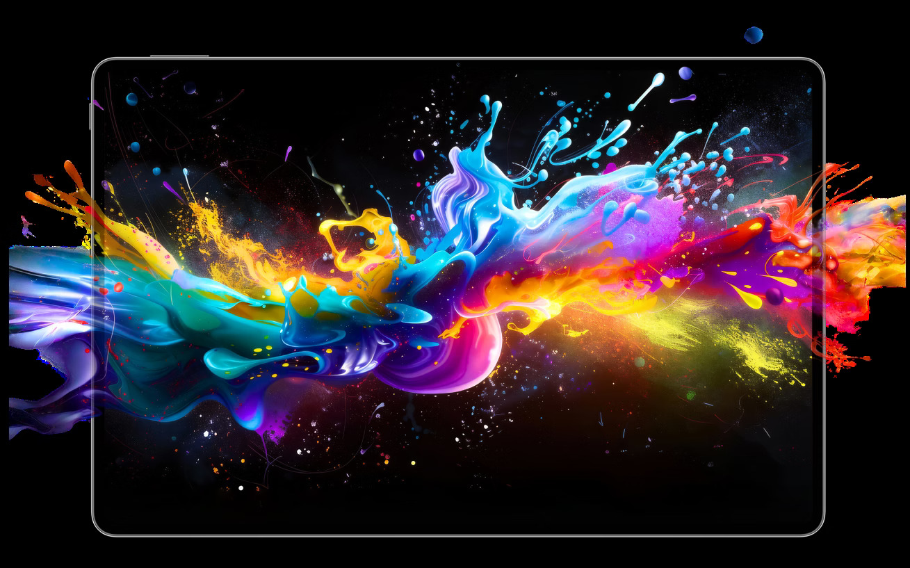 HONOR MagicPad 4 showing a vivid colour-splash wallpaper on its 12.3-inch OLED display