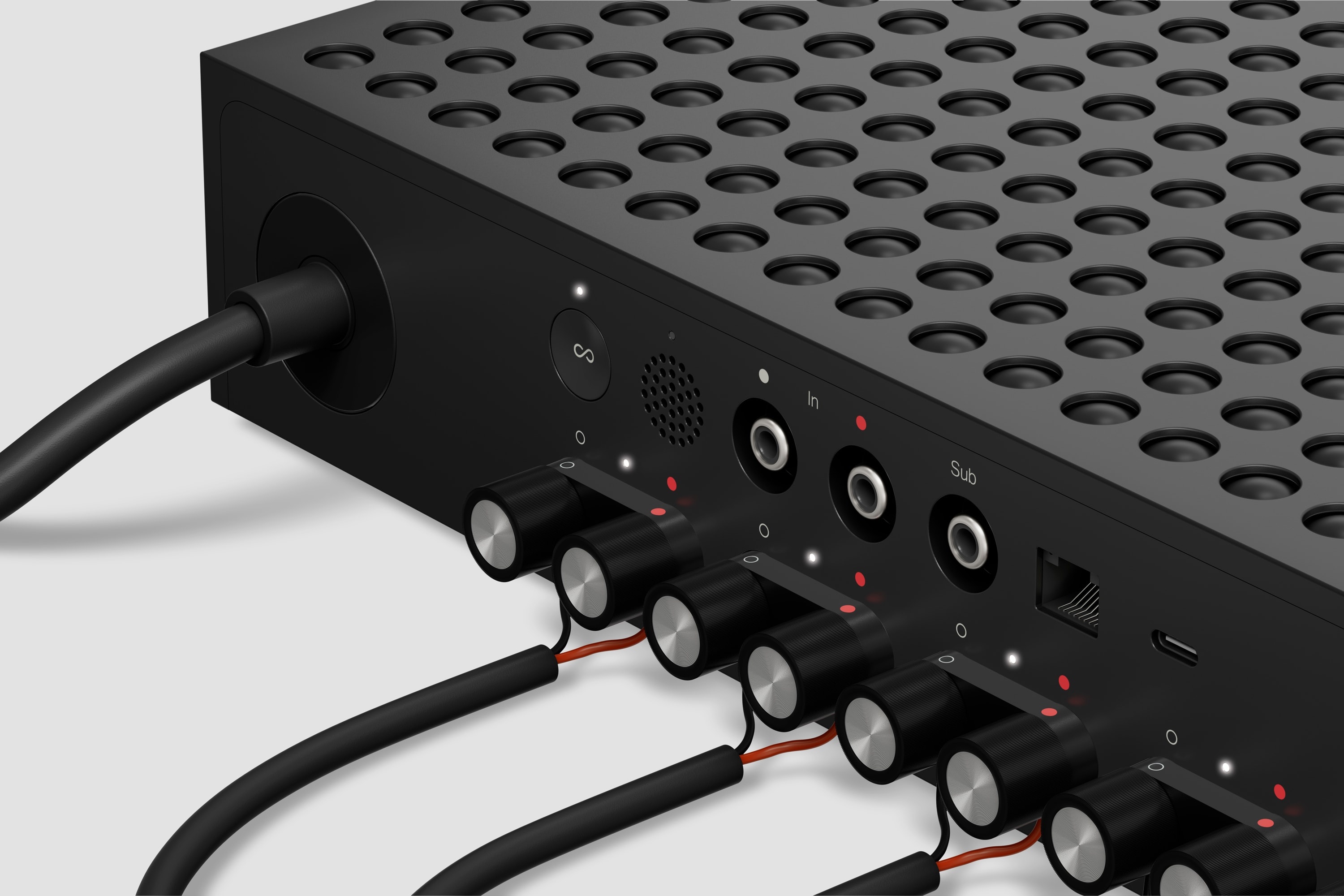 Close-up of Sonos Amp Multi speaker terminals and inputs