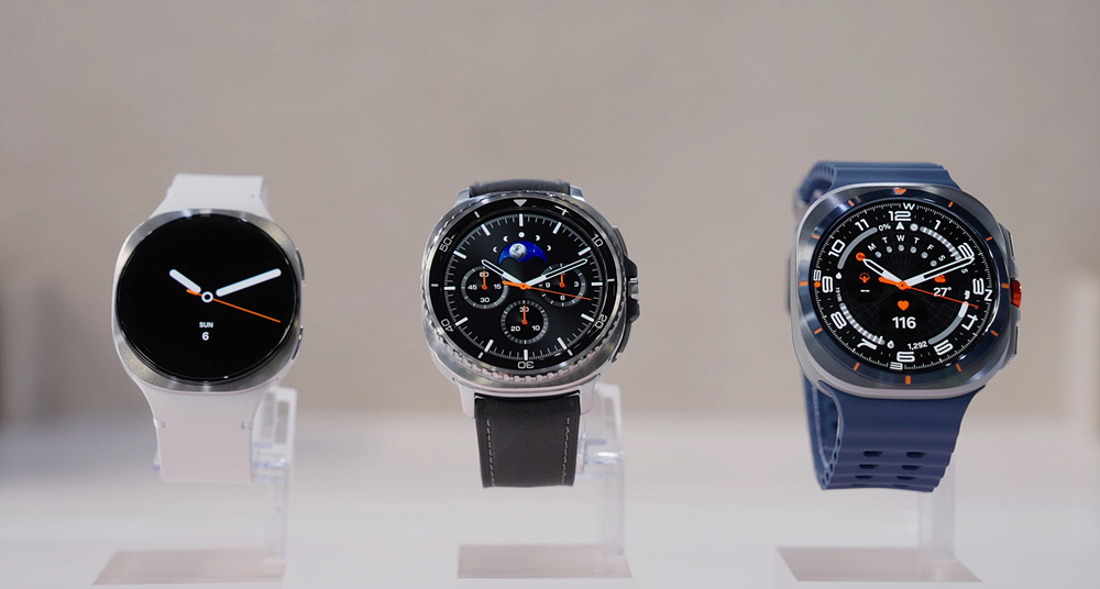Three Samsung Galaxy Watch 8 models displayed side by side showing different watch faces and case styles