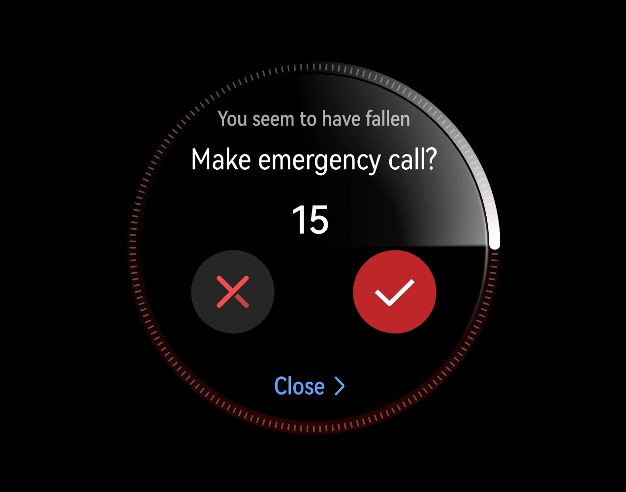 Huawei Watch GT 6 fall-detection screen prompting an emergency call with a countdown