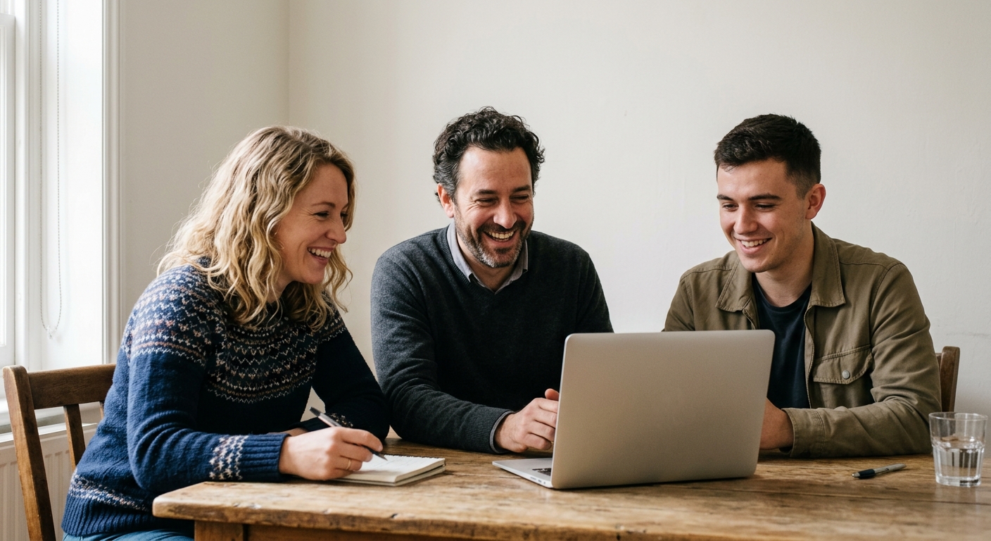 Three colleagues in a small UK agency reviewing work on a laptop