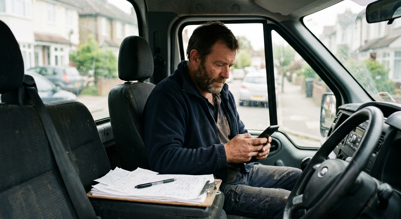 A tradesperson sitting in a work van doing invoices on a smartphone
