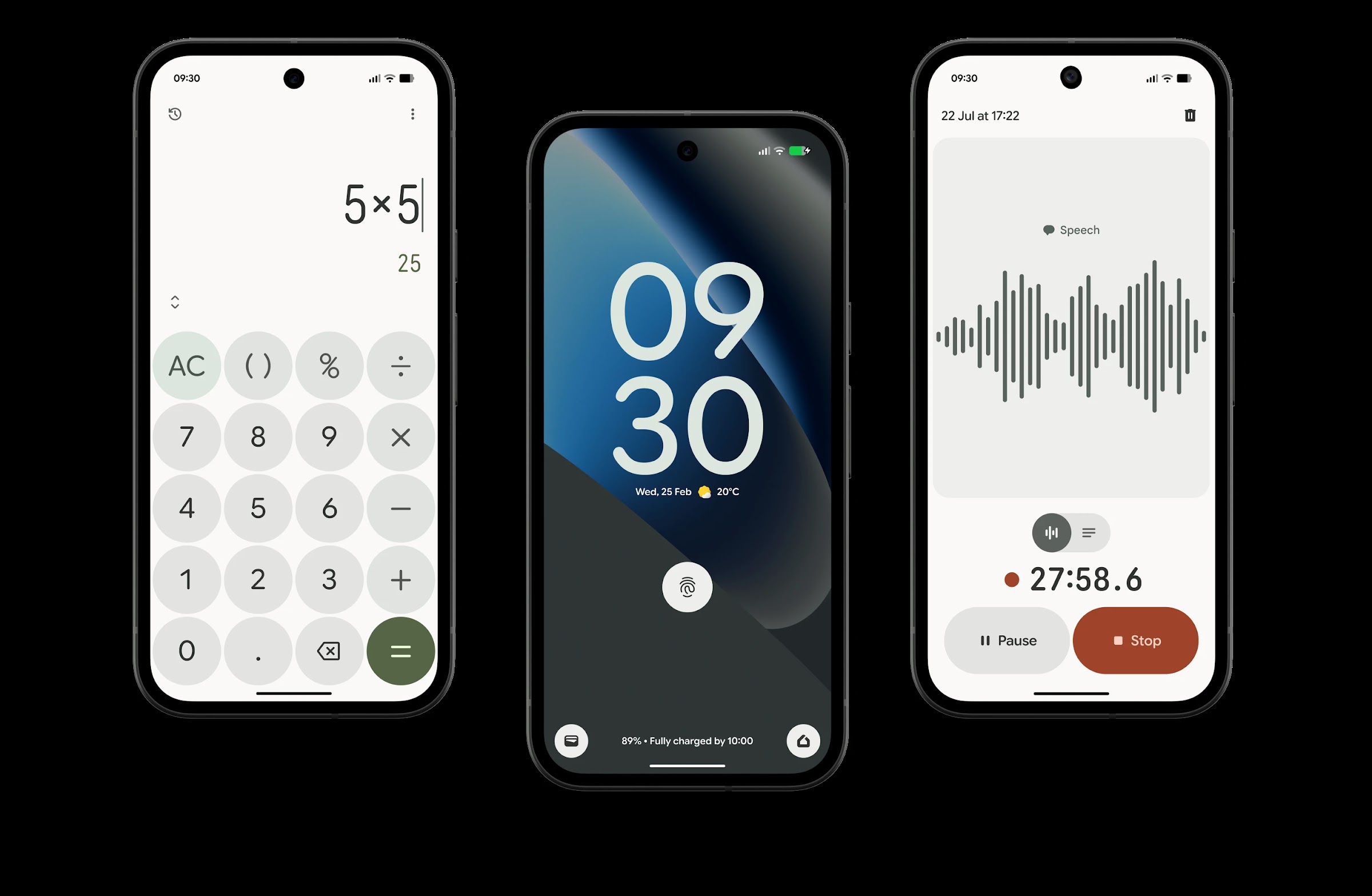 Three Pixel 10a handsets showing the calculator, lock screen and recorder apps