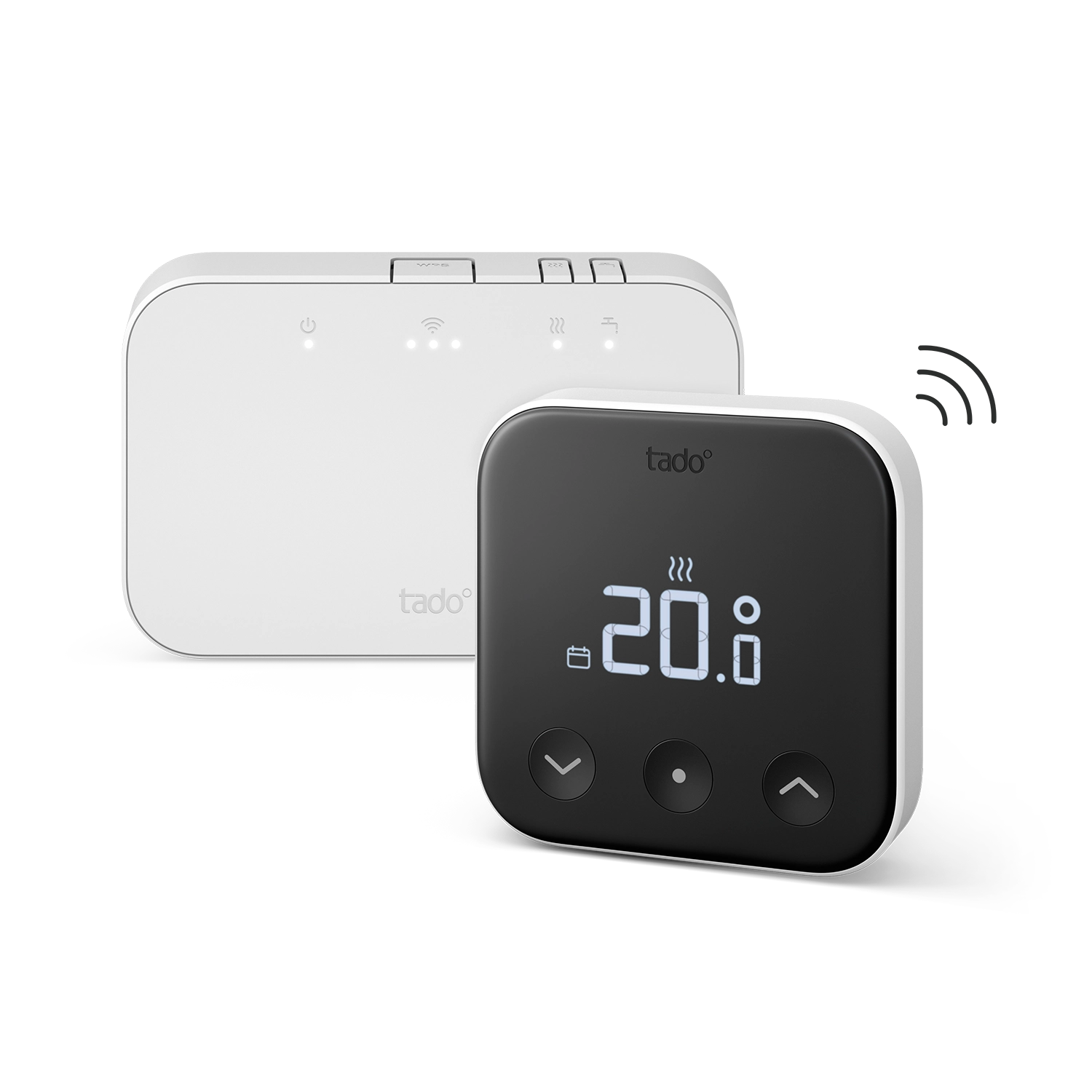 The tado Smart Thermostat X on a plain background with its display showing the current room temperature