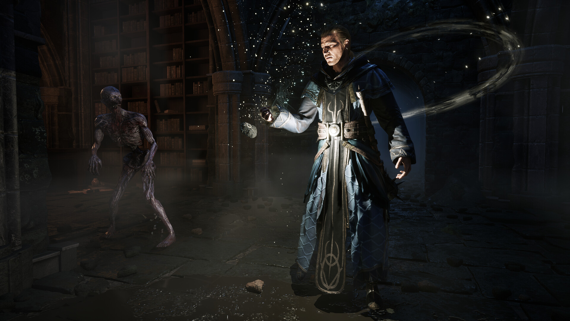 Robed mage casting a glowing spell against an undead enemy in a library in Gothic 1 Remake