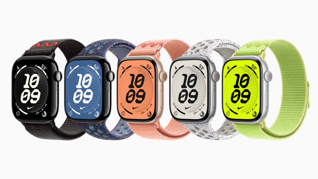 Five Apple Watch Series 11 models in different colours and bands lined up