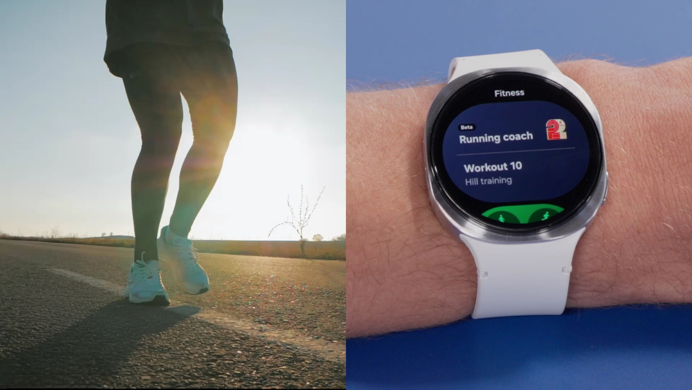 A runner at sunrise next to a Galaxy Watch 8 on a wrist showing the Running Coach hill training workout screen