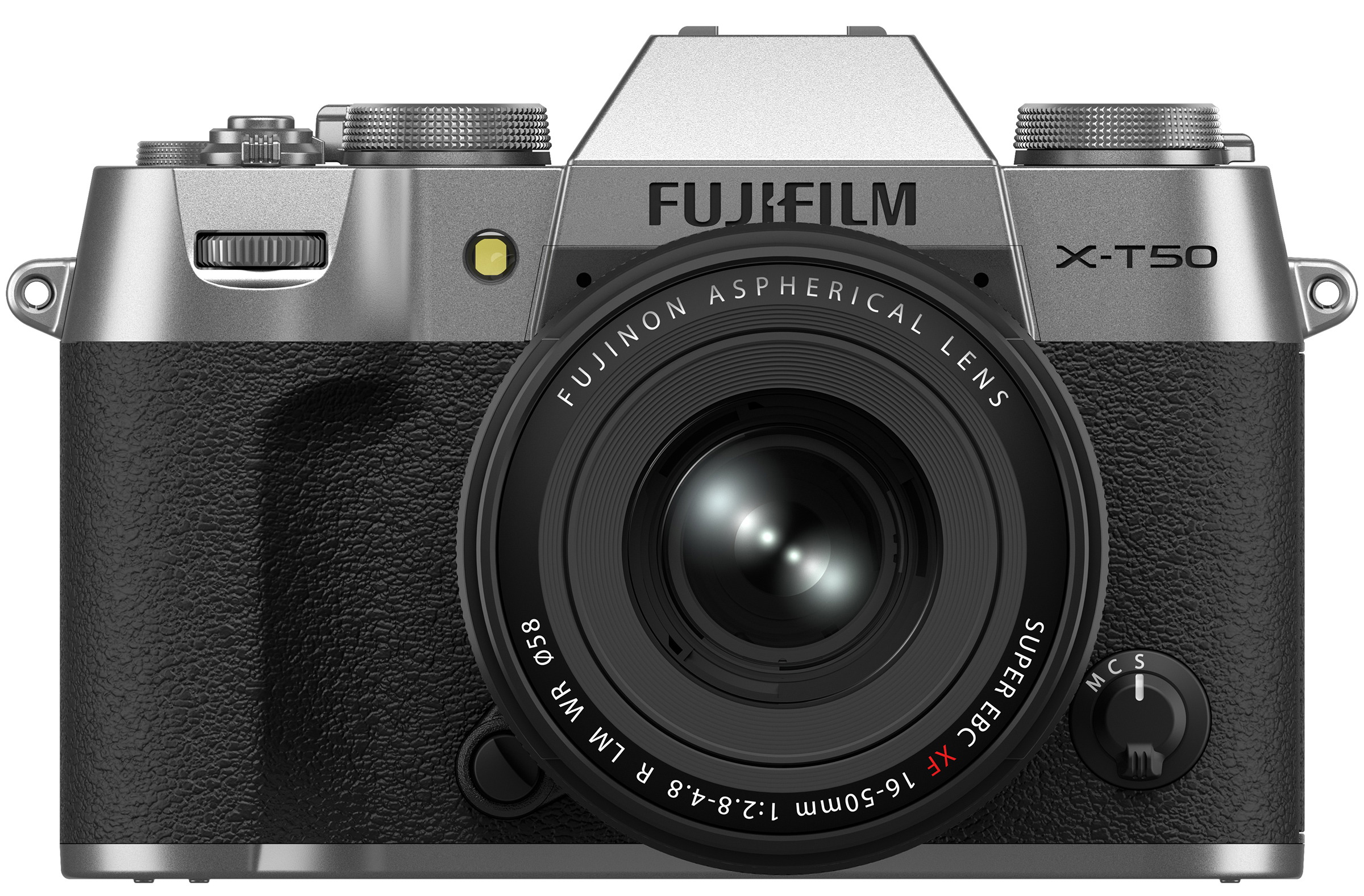 Front view of the silver Fujifilm X-T50 fitted with the XF16-50mm kit lens