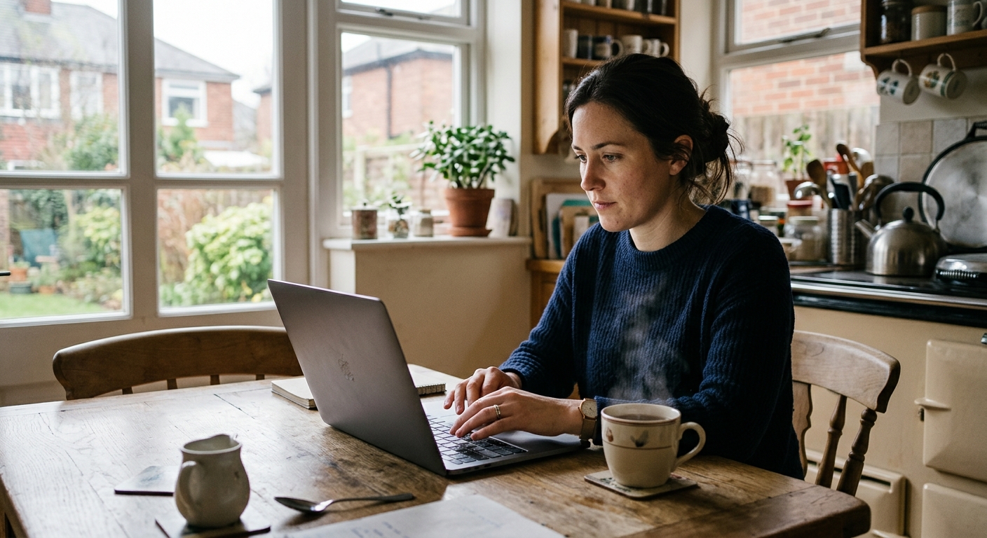 Person about to sign in on a laptop at a kitchen table in a British home