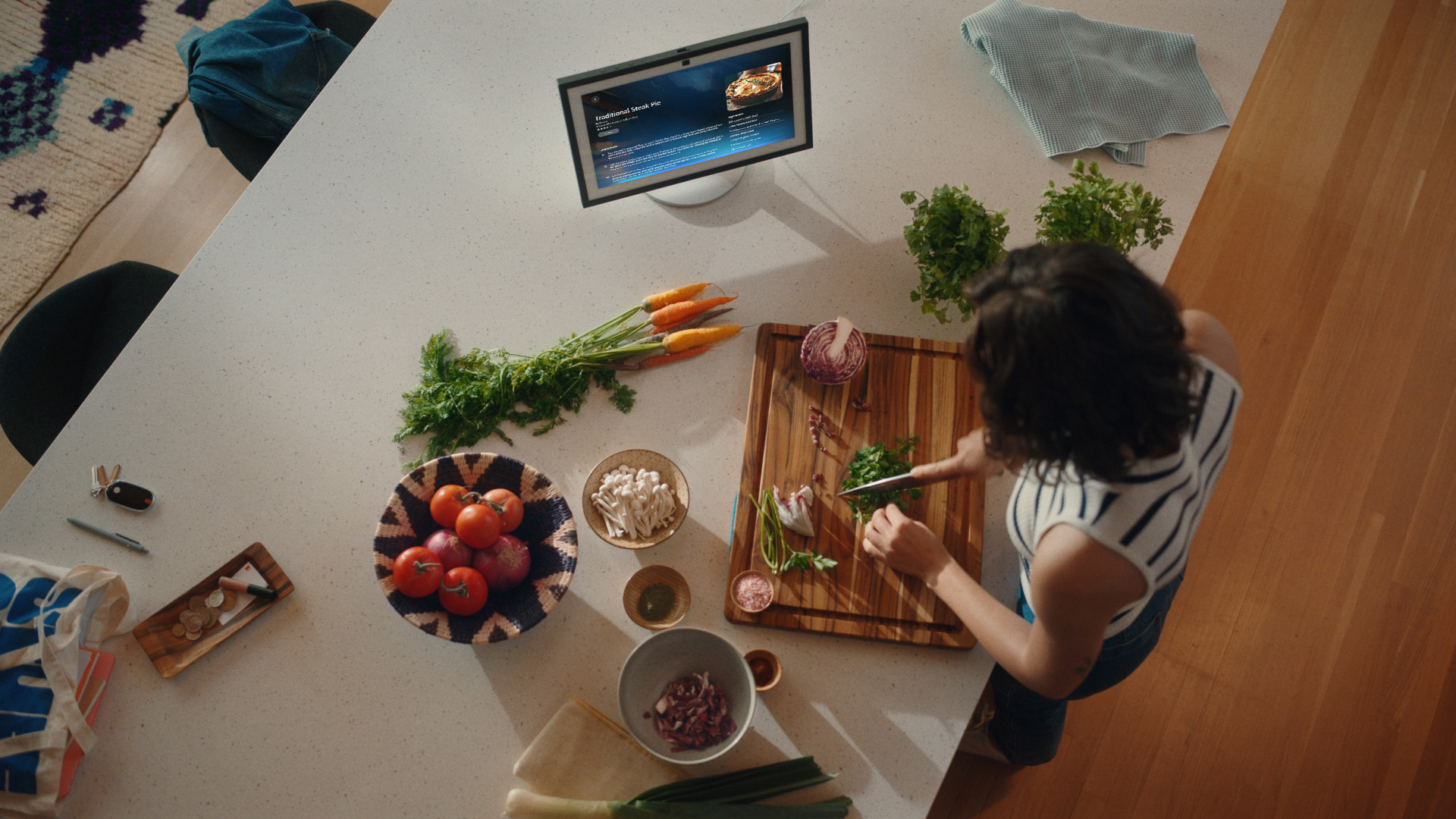 Amazon Echo smart speaker with Alexa on a kitchen counter, showing the circular design and LED ring