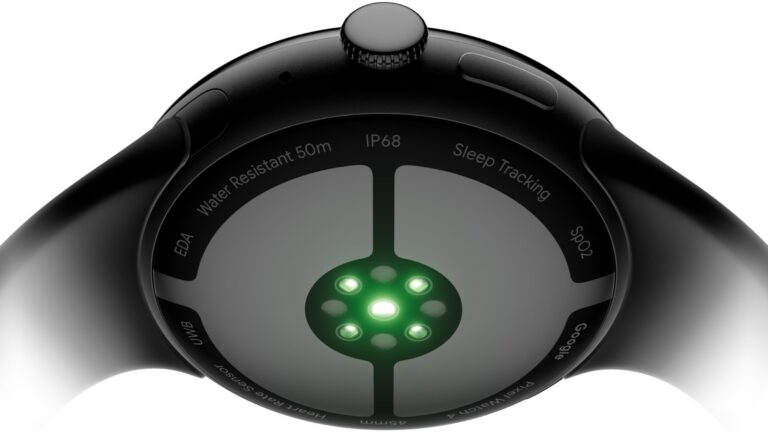 Google Pixel Watch 4 rear sensor array showing heart rate sensor, SpO2 and IP68 water resistance markings