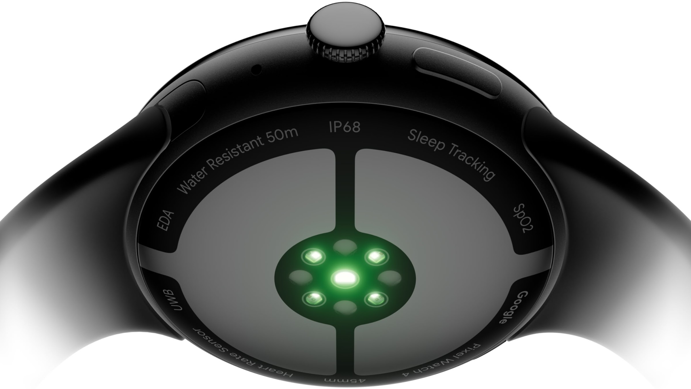 Google Pixel Watch 4 rear sensor array showing heart rate sensor, SpO2 and IP68 water resistance markings