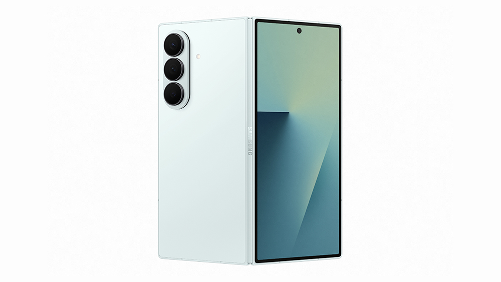 Galaxy Z Fold 7 in a pale mint green finish shown folded from the rear three-quarter angle with the cover screen visible