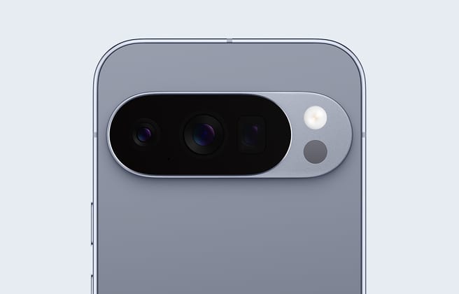 Close-up of the Google Pixel 10 Pro rear triple camera bar