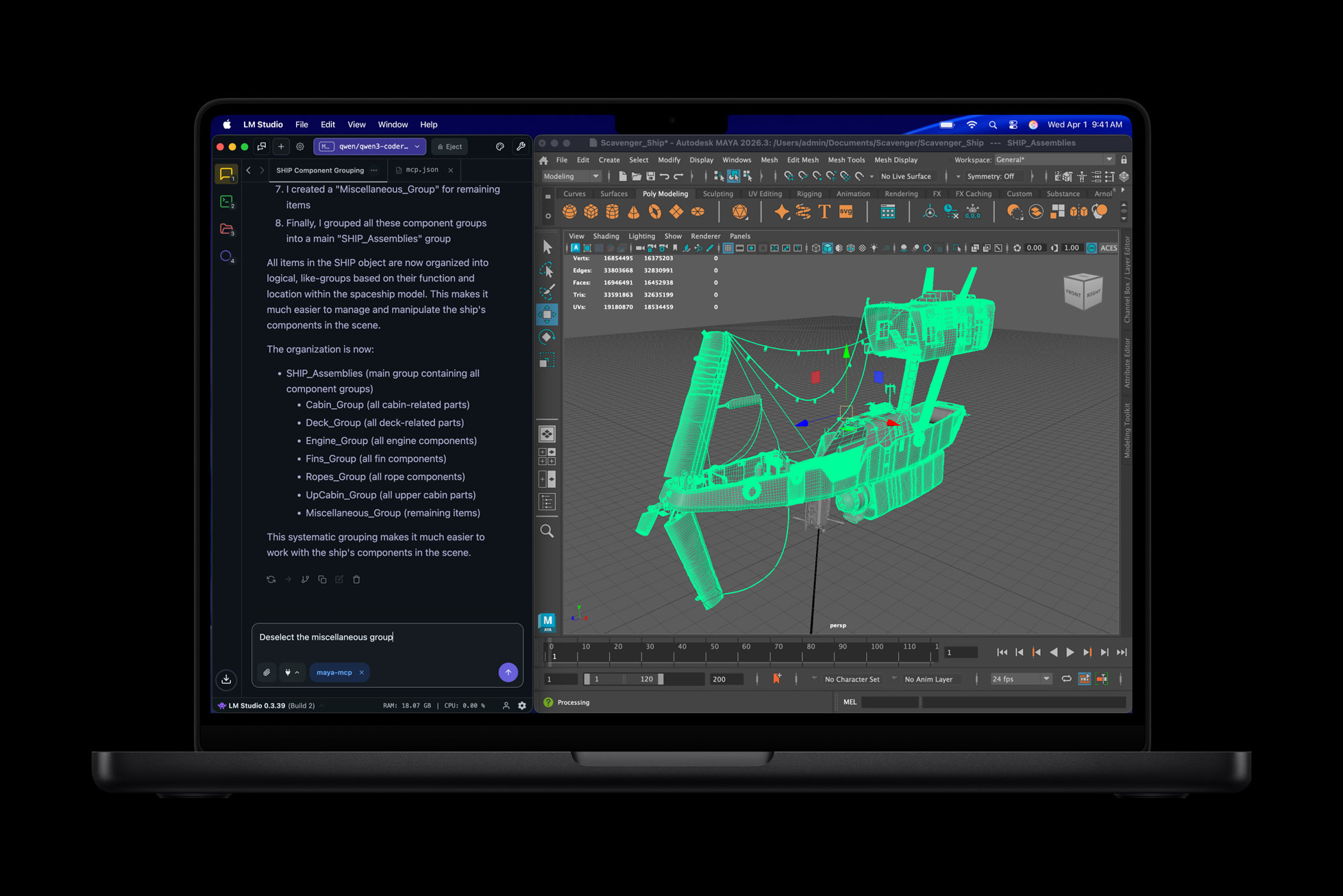 MacBook Pro M5 Max running a local LLM in LM Studio alongside Autodesk Maya