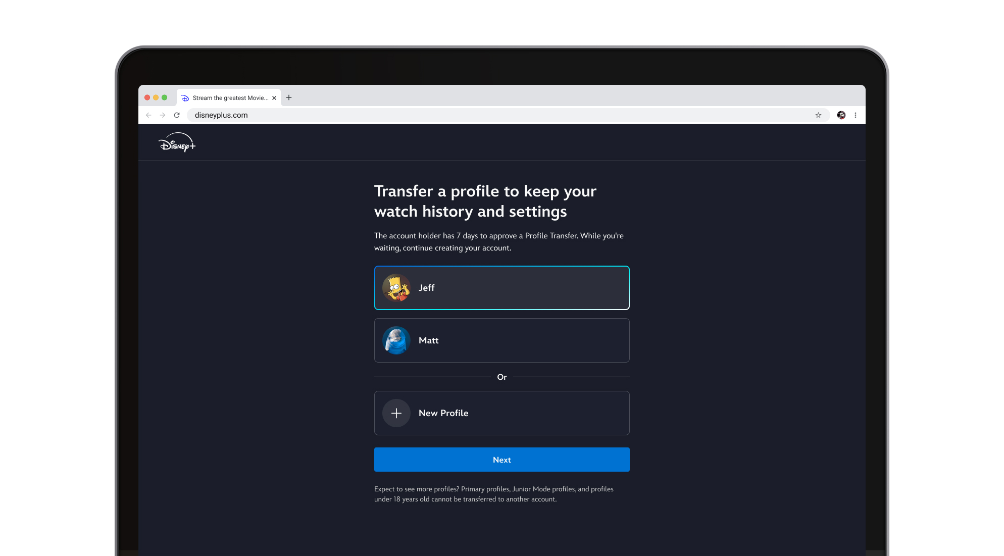 Laptop showing the Disney+ Profile Transfer interface used to move a profile onto its own subscription