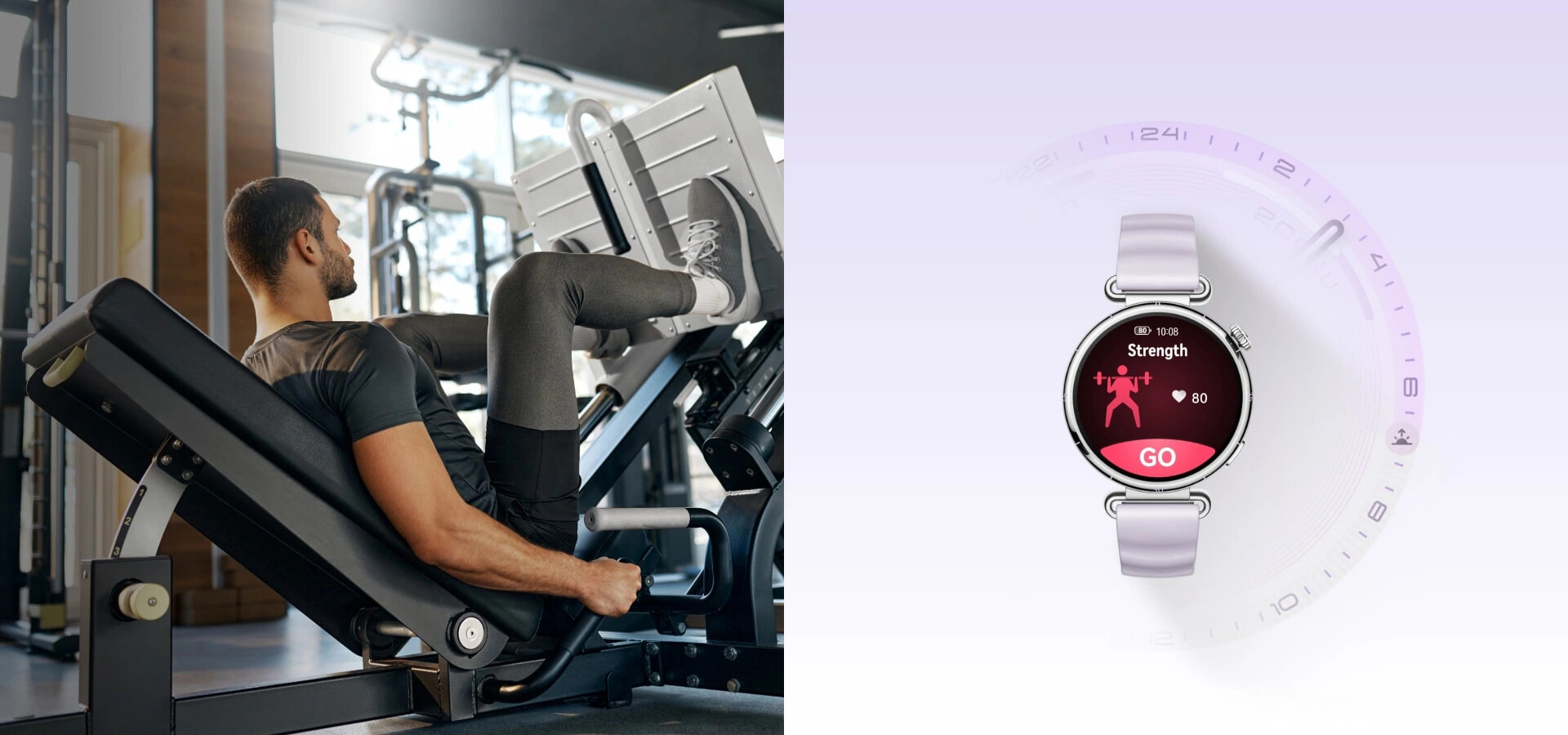 Person using a leg-press machine in a gym with a Huawei Watch GT 6 heart-rate workout screen shown beside them
