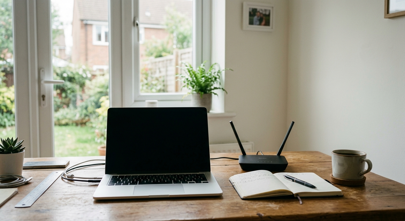 A laptop and a small wireless router on a tidy UK home office desk