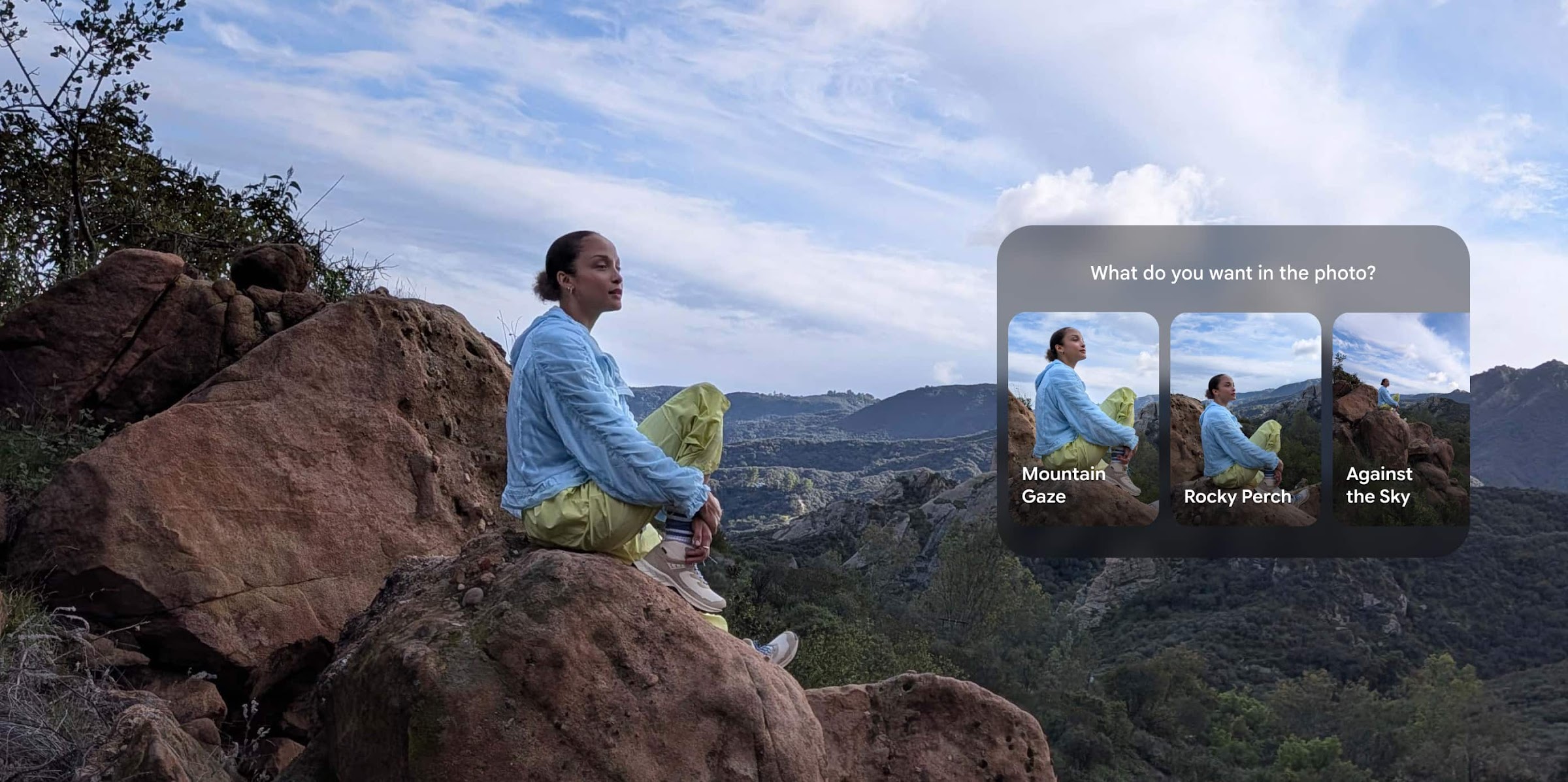 A person on a mountainside with a Pixel 10a photo editing menu overlaid on the scene
