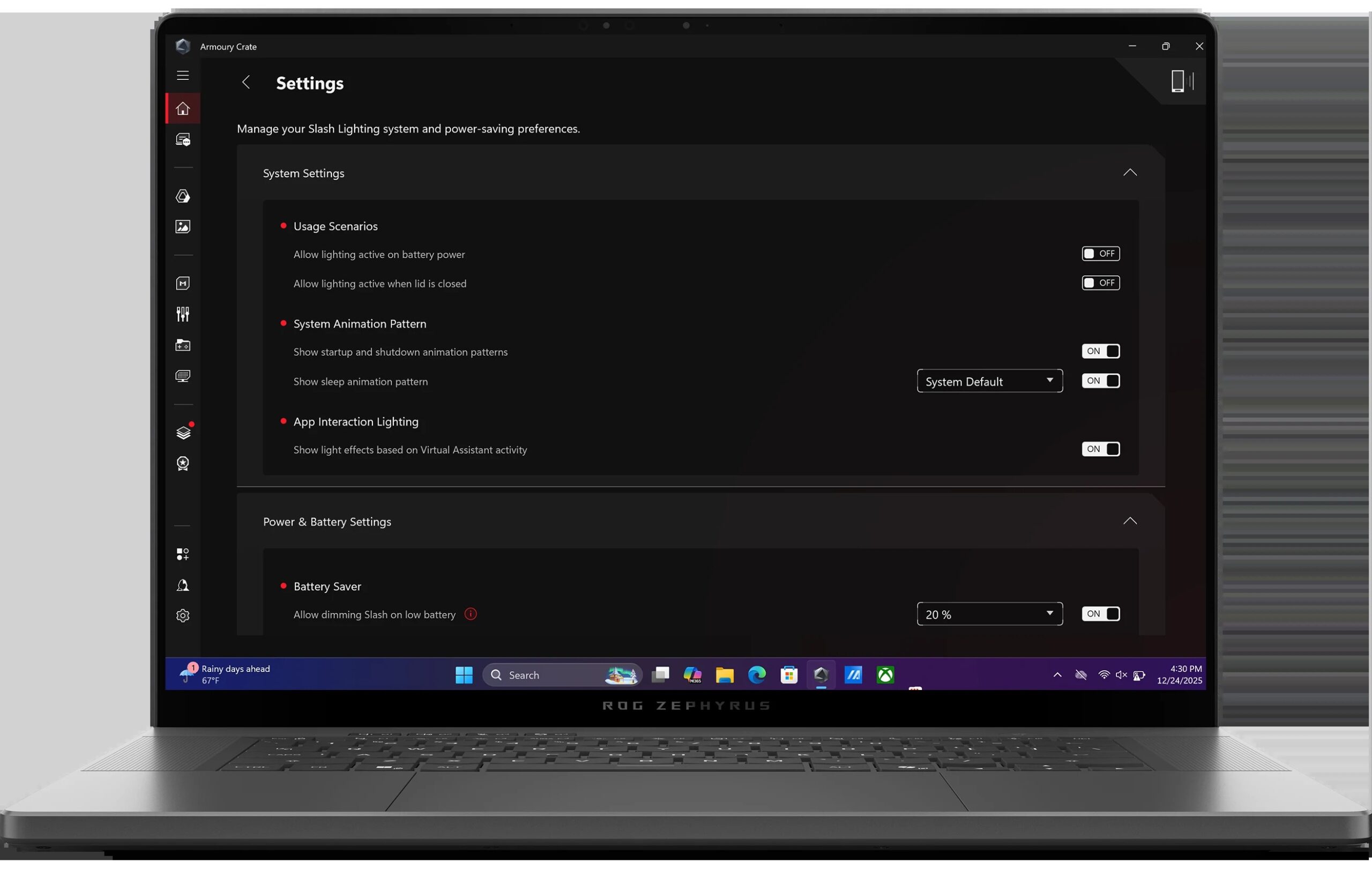 Asus ROG Zephyrus G16 chassis with the Armoury Crate performance dashboard on screen