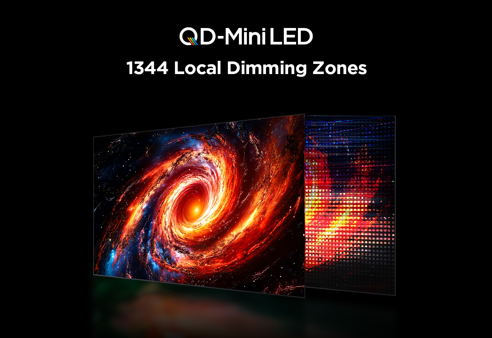 Split-screen TCL demonstration showing a grid of illuminated backlight dimming zones behind a night cityscape, illustrating the hardware at stake in the TCL C855K vs C8K picture round