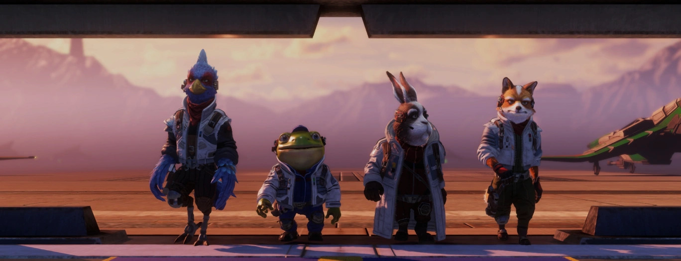 The Star Fox team standing together on a hangar runway at sunset