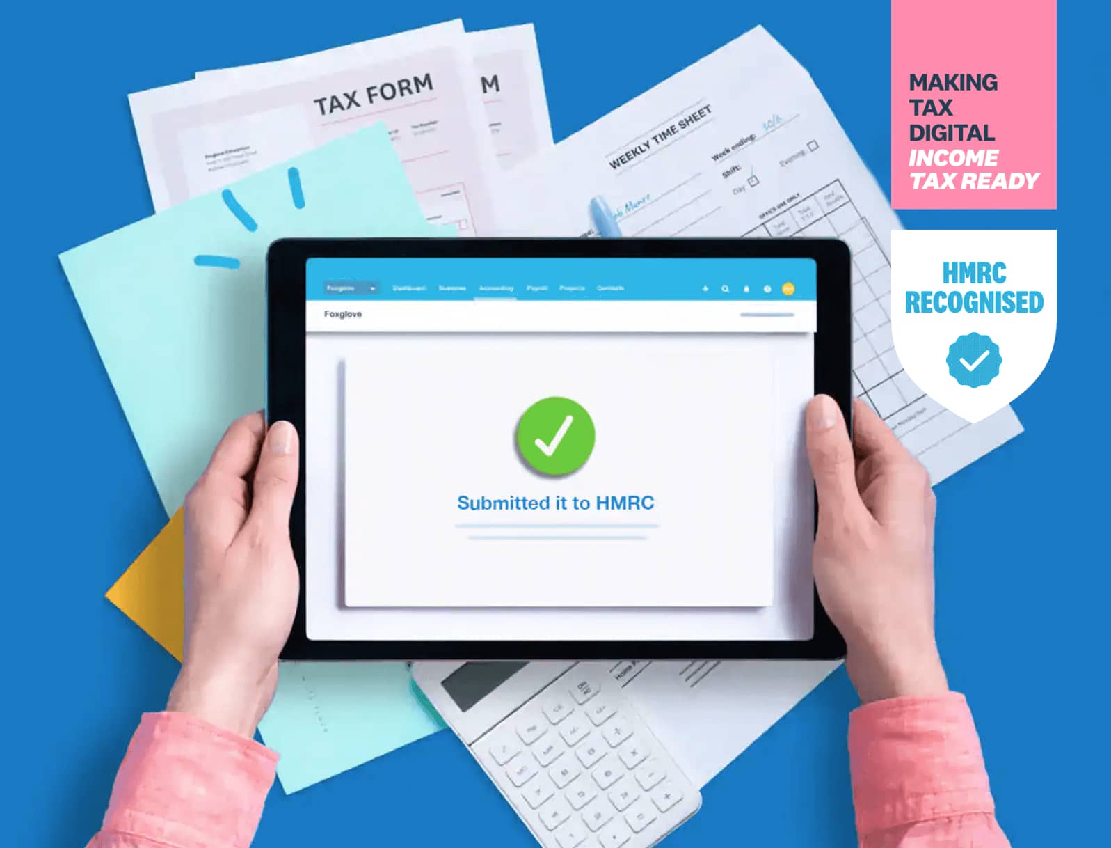 Xero Making Tax Digital for Income Tax software on a tablet showing a submission confirmed to HMRC