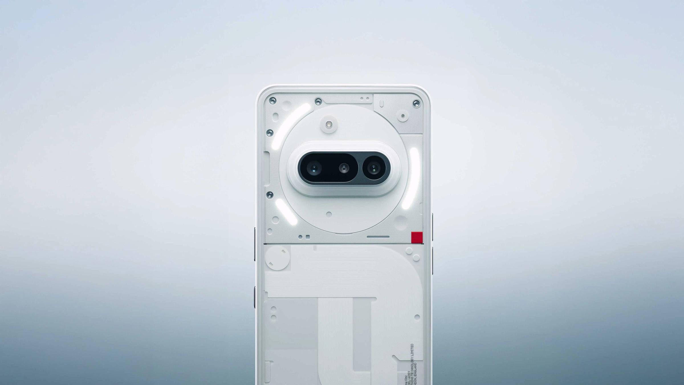 Close view of the Nothing Phone 3a transparent rear panel and dual camera housing