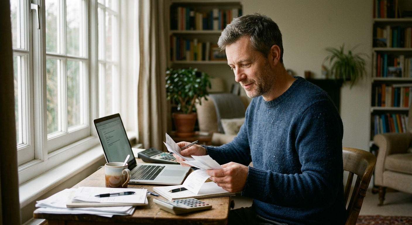 A self-employed man reviewing paper invoices and a laptop at a home desk by a window
