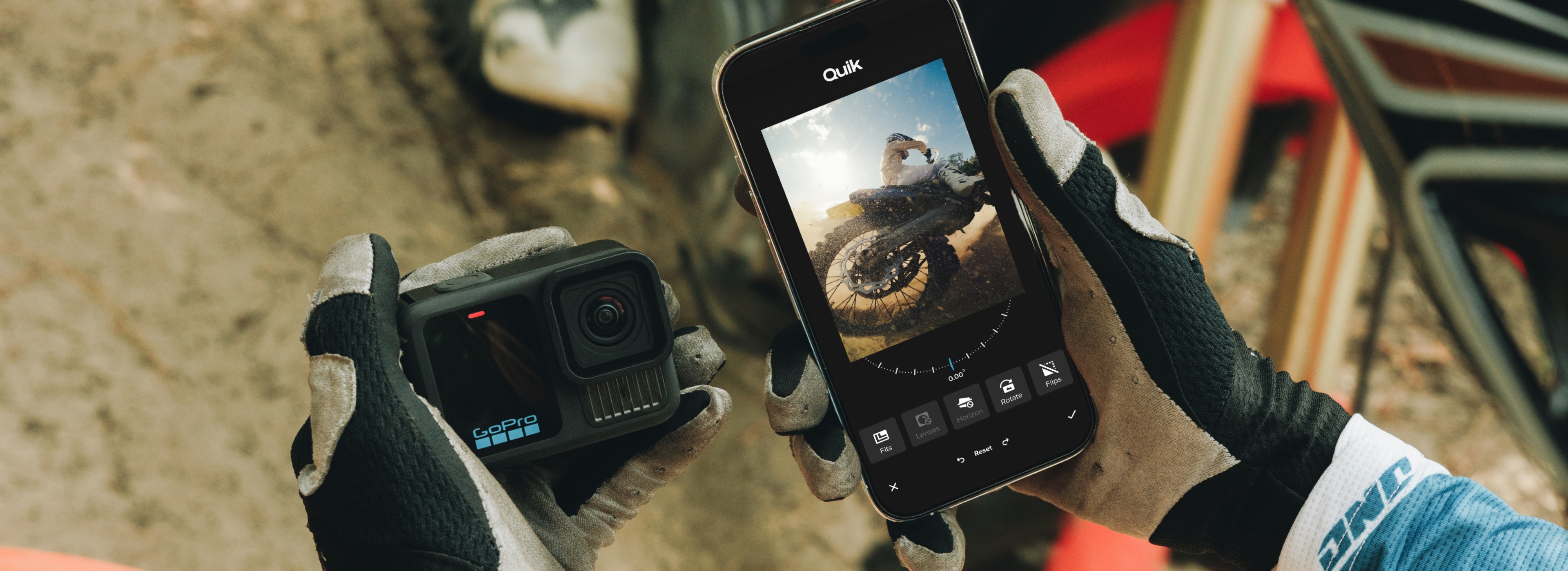 GoPro Hero 13 Black held beside a phone running the Quik editing app