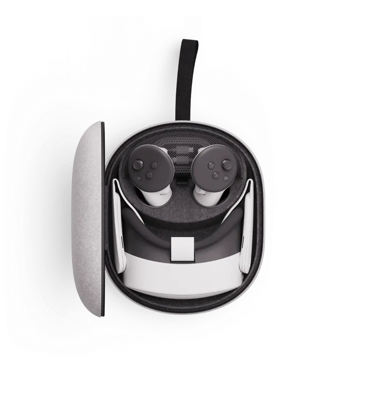 Meta Quest 3S carrying case holding the headset and Touch Plus controllers