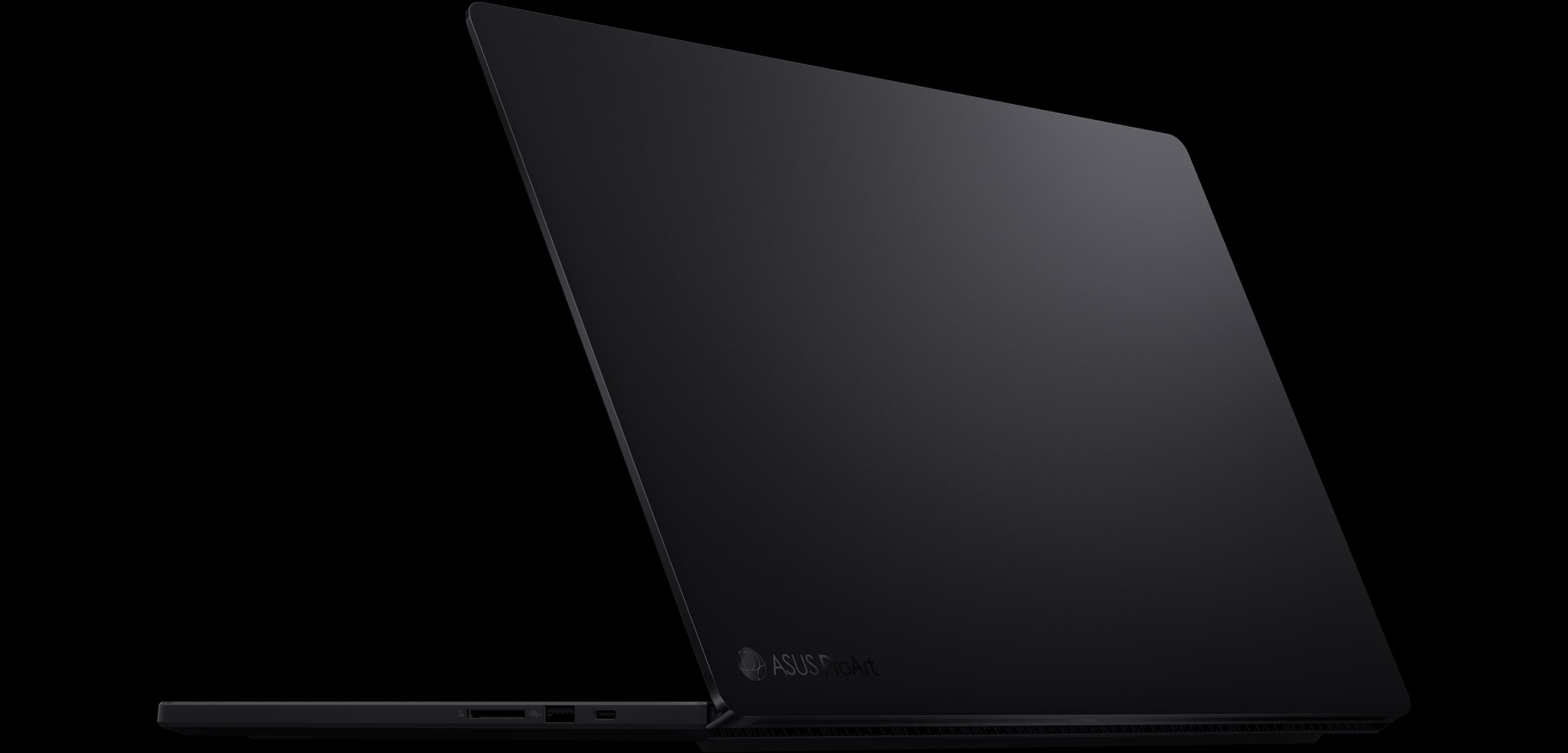 Asus ProArt P16 2026 viewed from the rear showing the slim lid and port selection