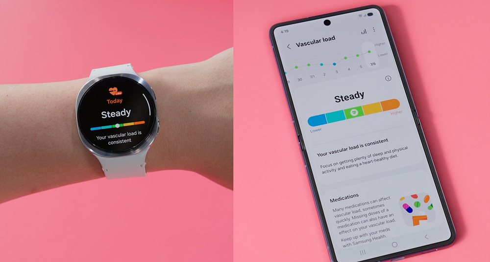 Galaxy Watch 8 on a wrist showing a Steady vascular load reading next to a Galaxy phone displaying the detailed Vascular Load screen