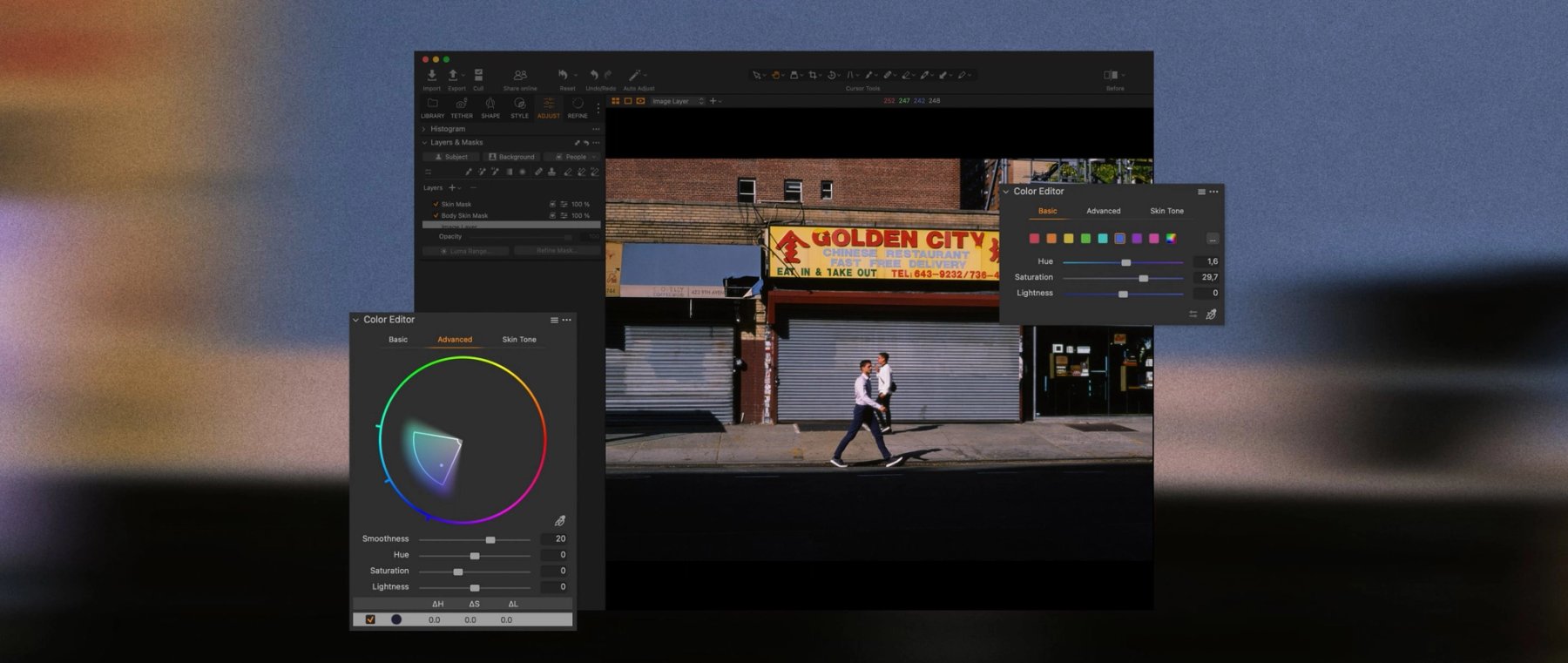 Capture One Pro Advanced Color Editor adjusting hues on a street photograph