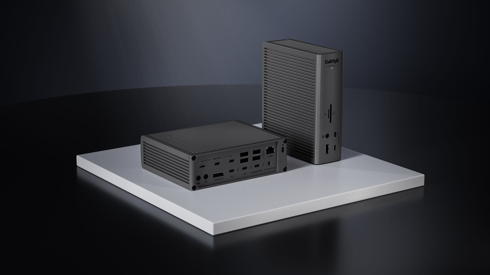 CalDigit TS5 Plus Thunderbolt 5 dock shown from the front with its port array